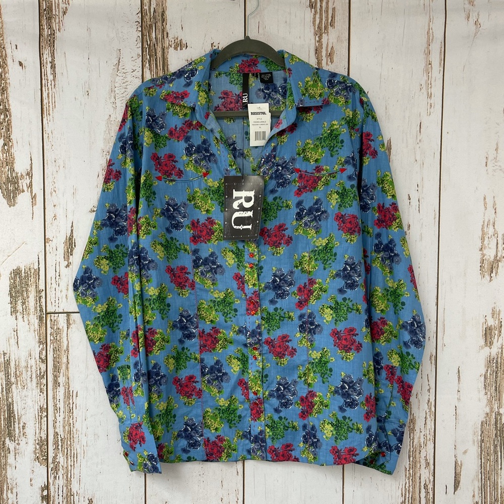 RU Resistol Blue Floral Western Shirt XL
